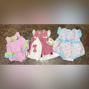 3 piece baby seersucker bundle- 2 rompers & one NWT dress 18 months